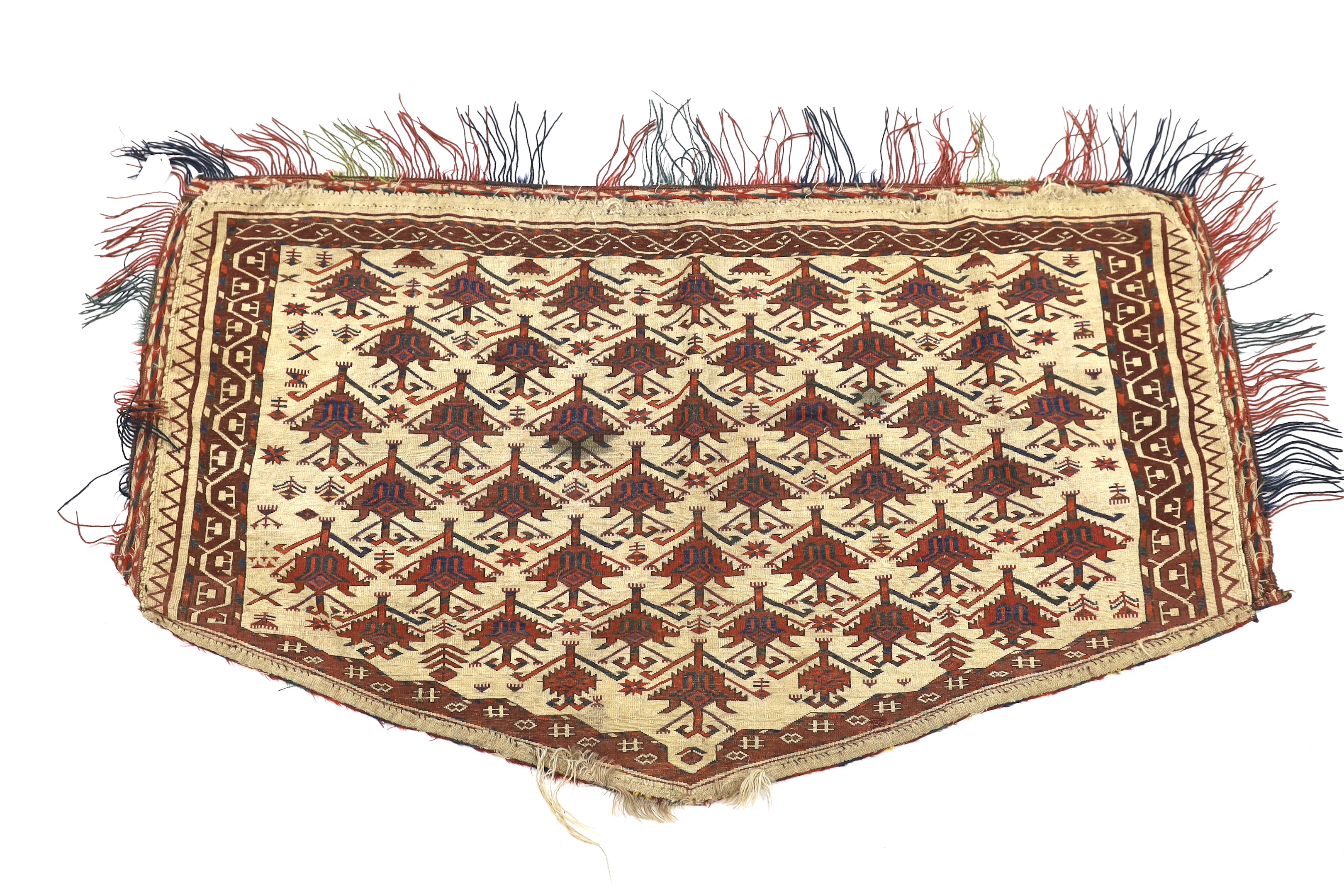 An antique Afghan arched panel woven with rows of stepped decoration on an ivory ground, width 150cm, depth 83cm